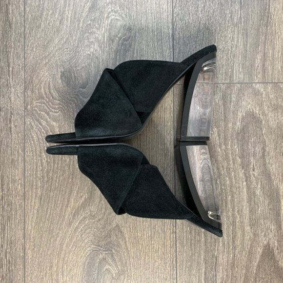 Revolve Kendall & Kylie Karmen Mules heels CrissCross Lucite Acrylic Clear Suede - Picture 10 of 16
